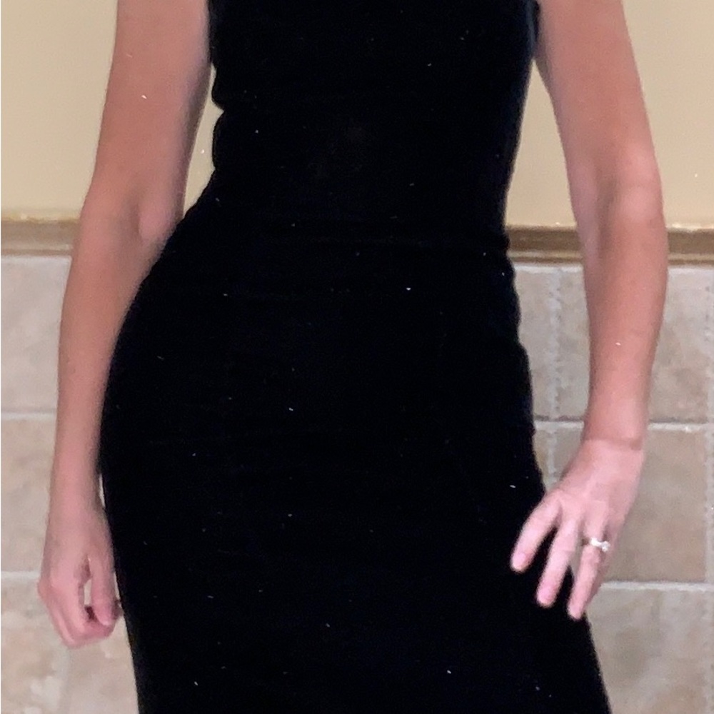 Unique strapless black velvet dress